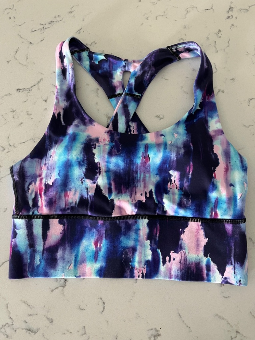 Brisas Abstract Watercolor Racerback Sports Bra in Blue, Purple & Pink